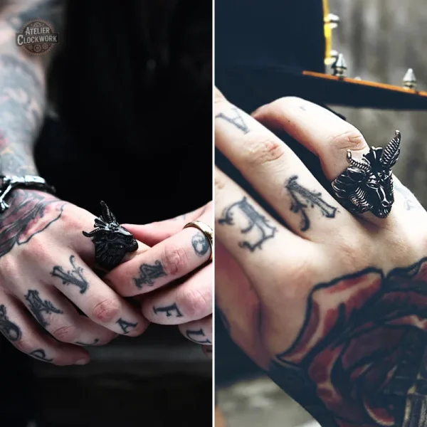 Bague à thème gothique, crâne Baphomet pour un look audacieux