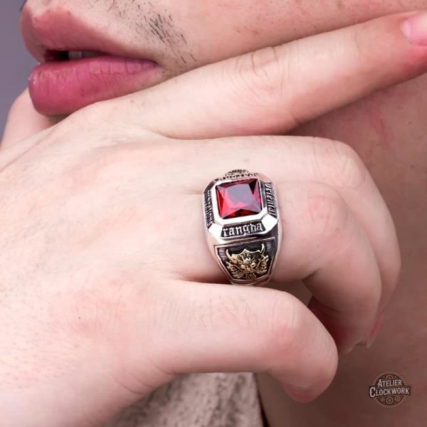 Bijou steampunk homme, bague Rangda avec rubis
