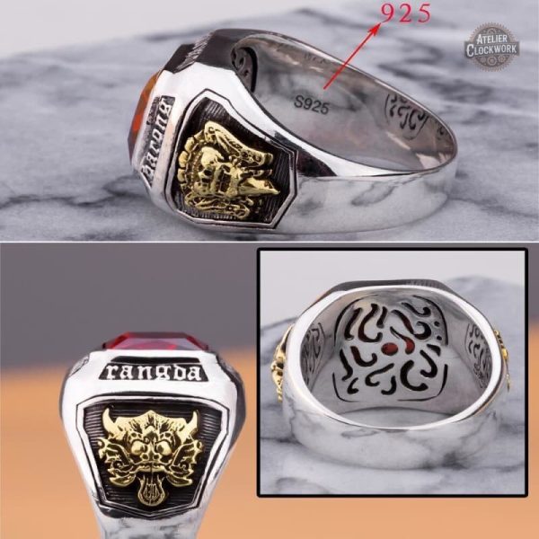 Bague homme au design steampunk, rubis en vedette