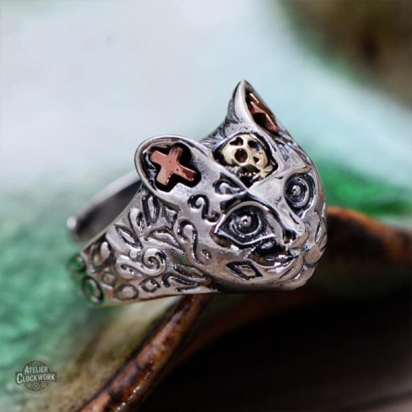 Bague Steampunk en argent avec motif de chat
