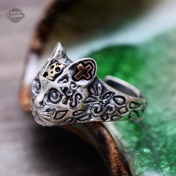 Bijou steampunk argenté, bague chat pour femmes