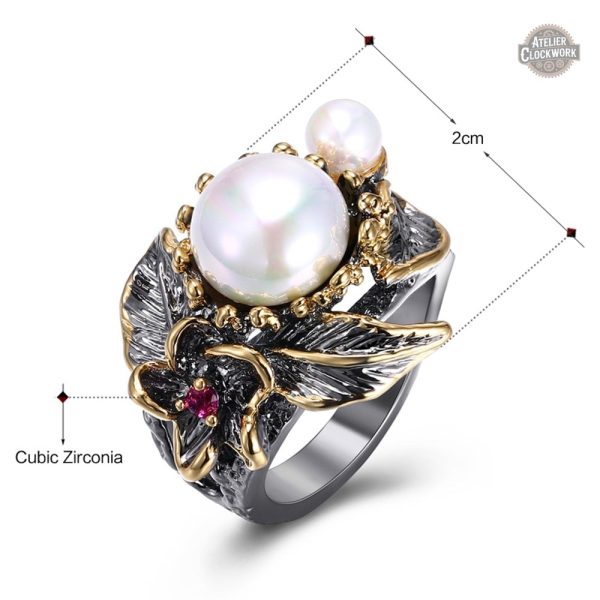 Bague femme en style gothique avec perles élégantes