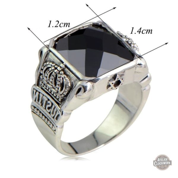 Bague Obsidienne homme en métal argenté