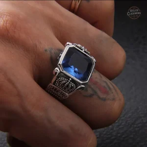 Bague steampunk homme avec pierre bleue distinctive