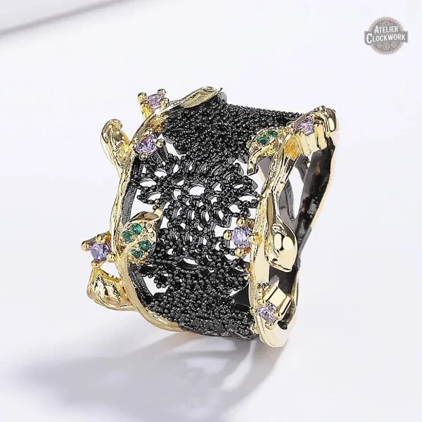 Bague steampunk en zirconium noir pour femme élégante