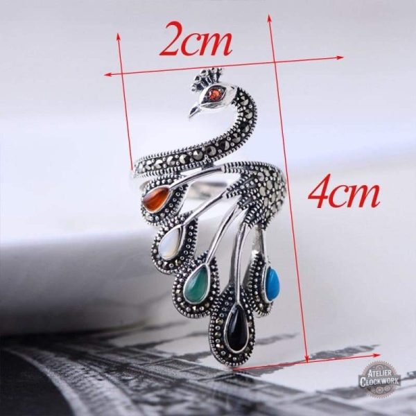 Bague décorative paon argentée pour style vintage
