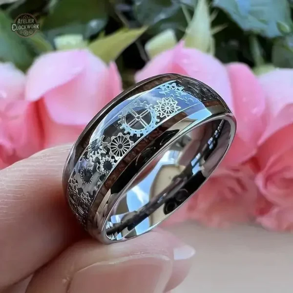 Bague Steampunk en acier avec motifs d'engrenages