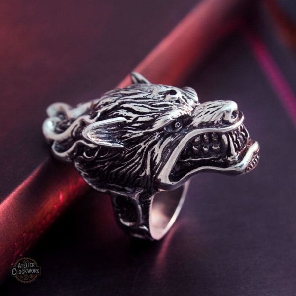 Bague argent steampunk avec motif de loup