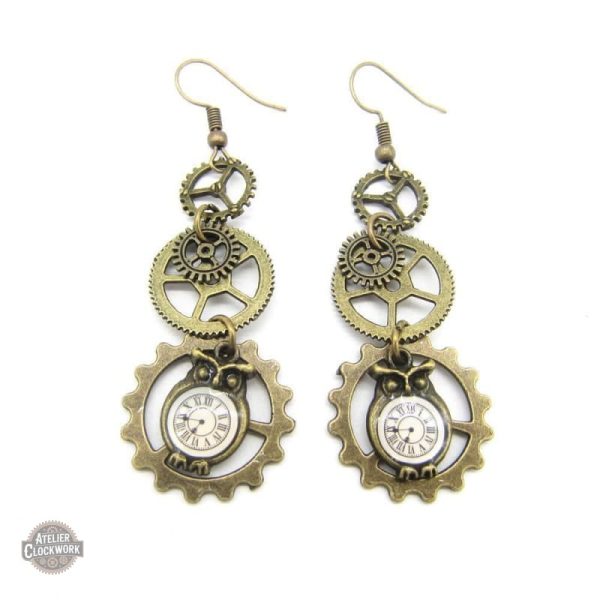 Boucles d'oreilles hiboux au style steampunk