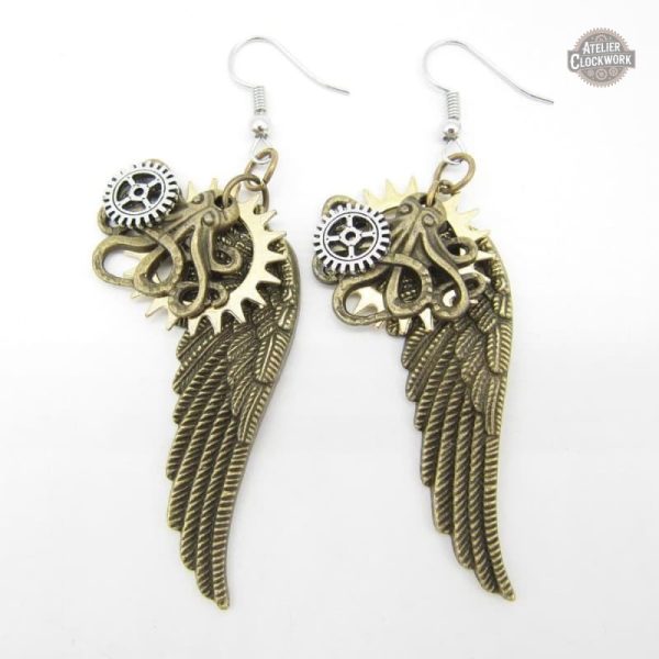 boucles-d-oreilles-ailes-steampunk-1 Boucles Steampunk Ailes Forgées pour femme