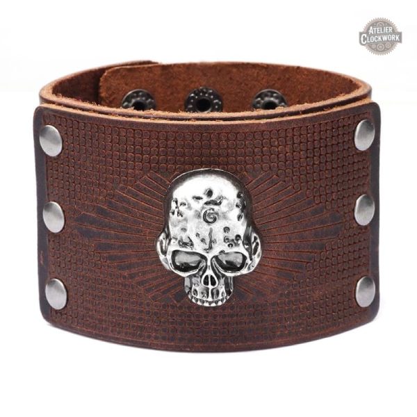 Cuir noir bracelet homme avec motif tête de mort