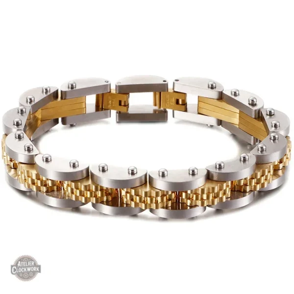 bracelet-homme-acier-blanc-et-or-steampunk-store-1 Bracelet Homme Acier et Or - Gazzoline
