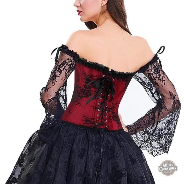 Détail élégant du bustier rouge avec dentelle noire