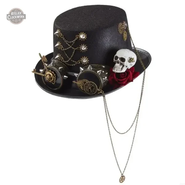 chapeau-haut-de-forme-crane-rose-et-lunettes-1 Chapeau Haut-de-Forme Crâne Rose Lunettes Steampunk
