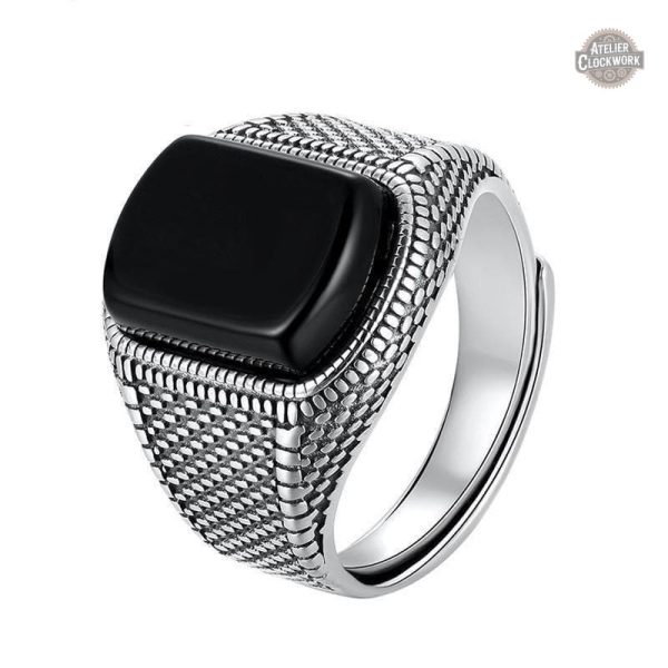 chevaliere-homme-argent-pierre-noir-steampunk-store-1 Chevalière Homme Onyx d'Argent