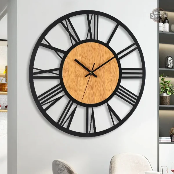 Horloge artistique steampunk, mélange de bois et métal