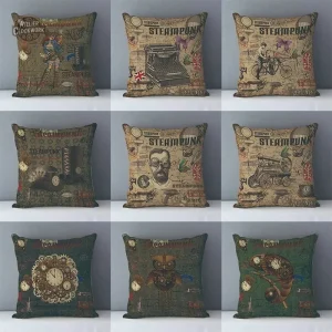 Housse de coussin vintage steampunk motifs industriels