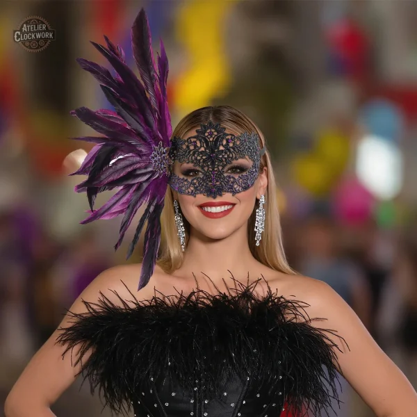 Masque steampunk à plumes, alliant passé et futur
