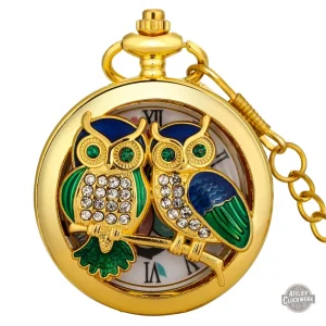 Montre de poche à quartz creuse dorée hiboux