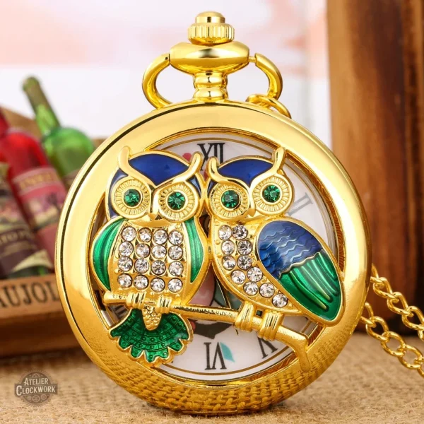 Montre à gousset à quartz avec motif hiboux dorés