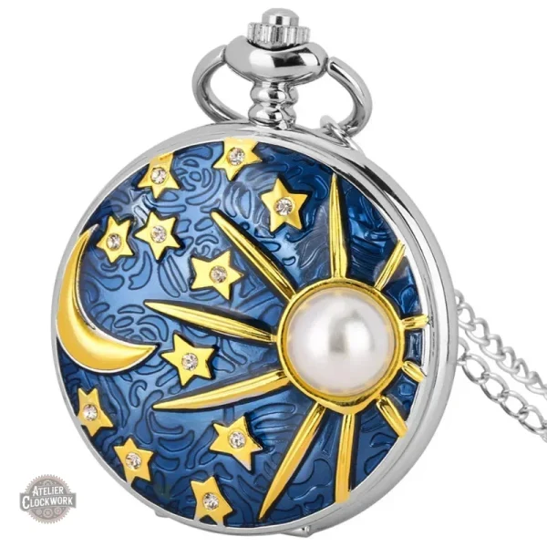 montre-gousset-celeste-lune-toiles-quartz-1 Montre à Gousset « Céleste » - Design Lune & Étoiles