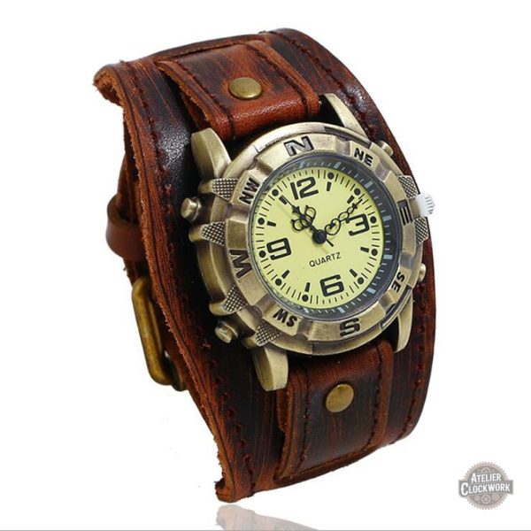 Accessoire de mode steampunk, montre homme cuir