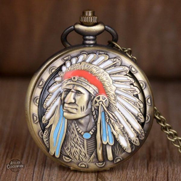 Montre de poche artisanale, motif indien unique