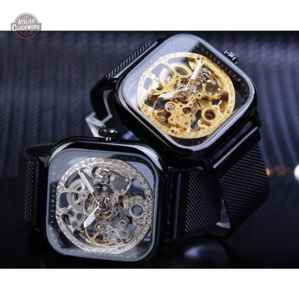 Élégante montre carrée avec mécanisme visible