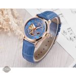 Accessoire steampunk féminin, montre squelette bleue