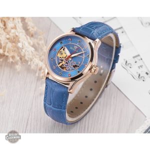Accessoire steampunk féminin, montre squelette bleue
