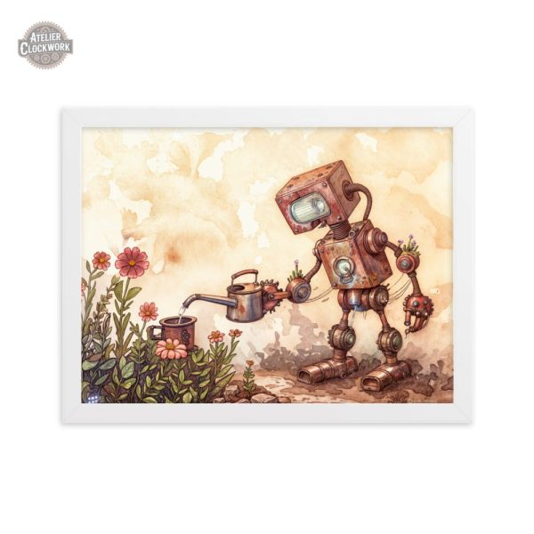 Art mural mêlant robot et éléments naturels