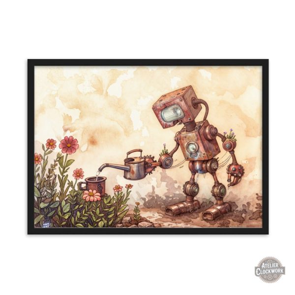 Robot steampunk en harmonie avec la botanique