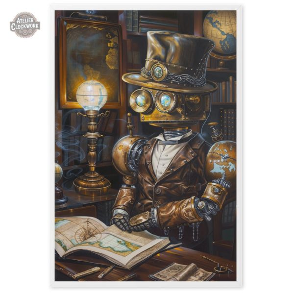 Affiche Steampunk avec un robot érudit fascinant