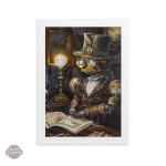 Robot érudit stylisé sur fond steampunk