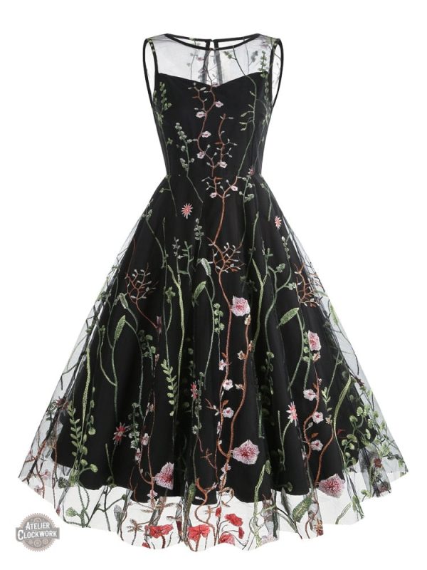 Robe Steampunk Femme avec motifs floraux brodés