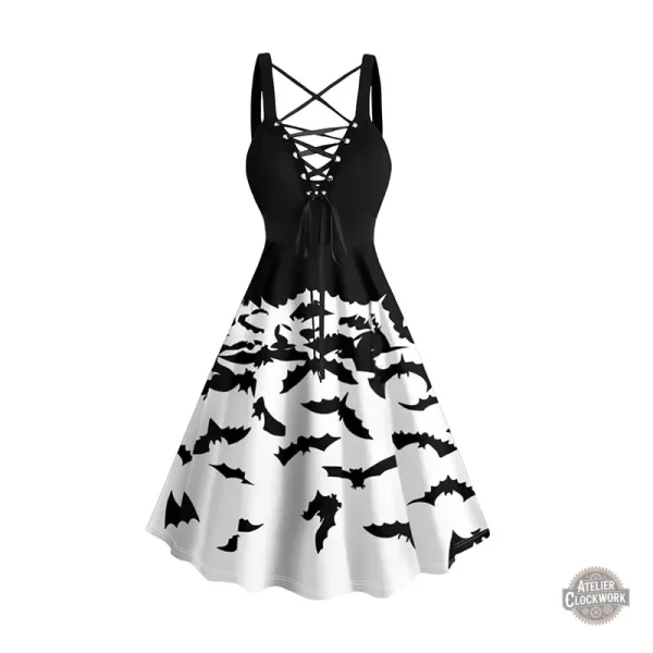 robe-noir-et-blanc-chauve-souris-1 Robe Steampunk Noir et Blanc - Imprimé Chauve-souris