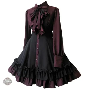 Robe victoriènne bordeaux et noire avec lavallière