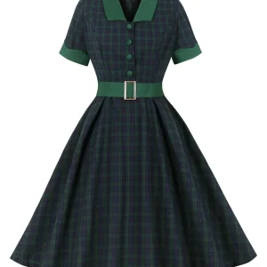 Robe Vintage Boutonnée à Carreaux - Élégance Rétro