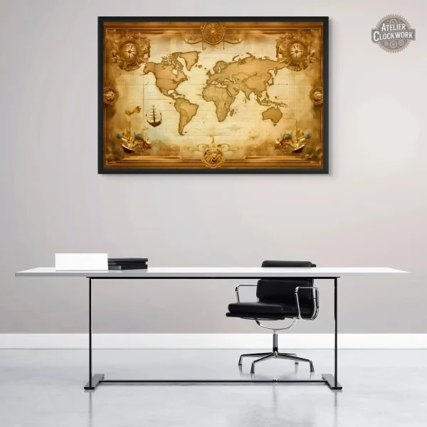 Tableau carte du monde ancienne en style steampunk