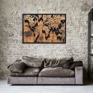 Tableau Carte du Monde en Bois Steampunk