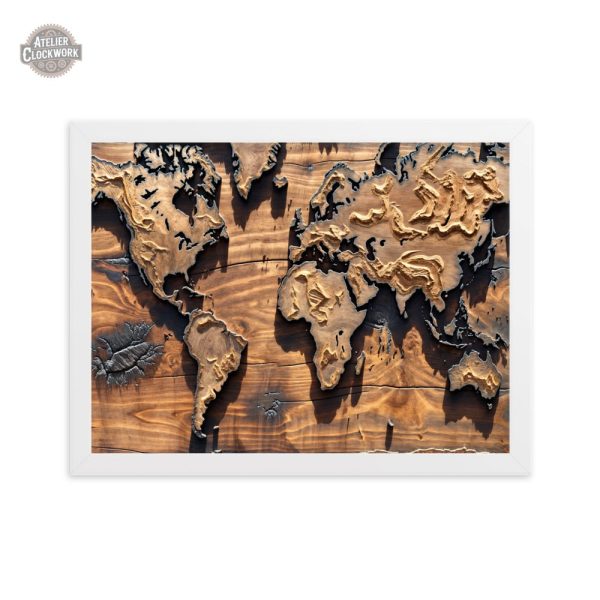 Carte du Monde décorative en bois Steampunk