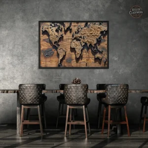 Art mural en bois - Carte du Monde Steampunk