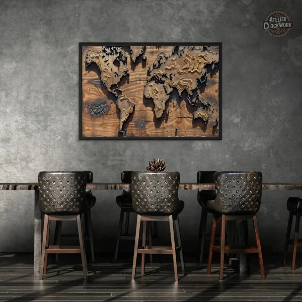 Art mural en bois - Carte du Monde Steampunk