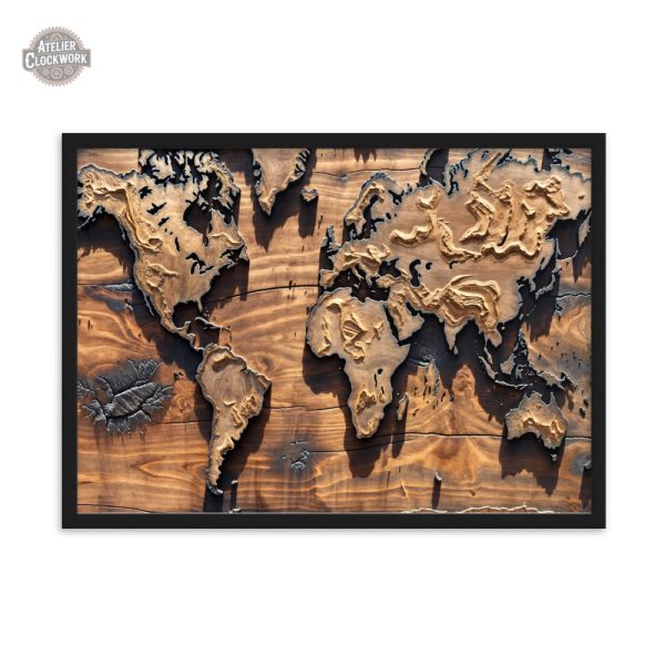 Carte du Monde artistique en bois Steampunk