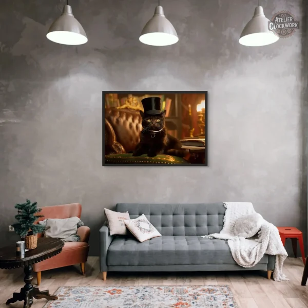 Tableau décoratif steampunk avec un chat noir