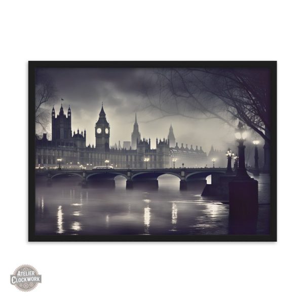 Tableau noir et blanc évoquant l'architecture londonienne