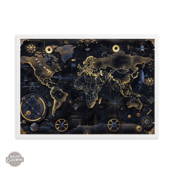 Tableau artistique map monde en ambiance steampunk