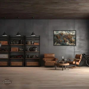 Art mural steampunk représentant une carte du monde