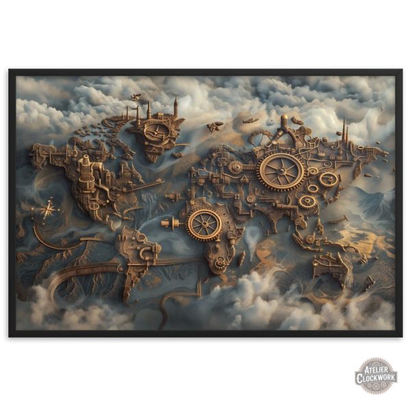 Tableau carte du monde steampunk en couleur
