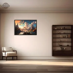 Art mural steampunk représentant un paysage de rêve